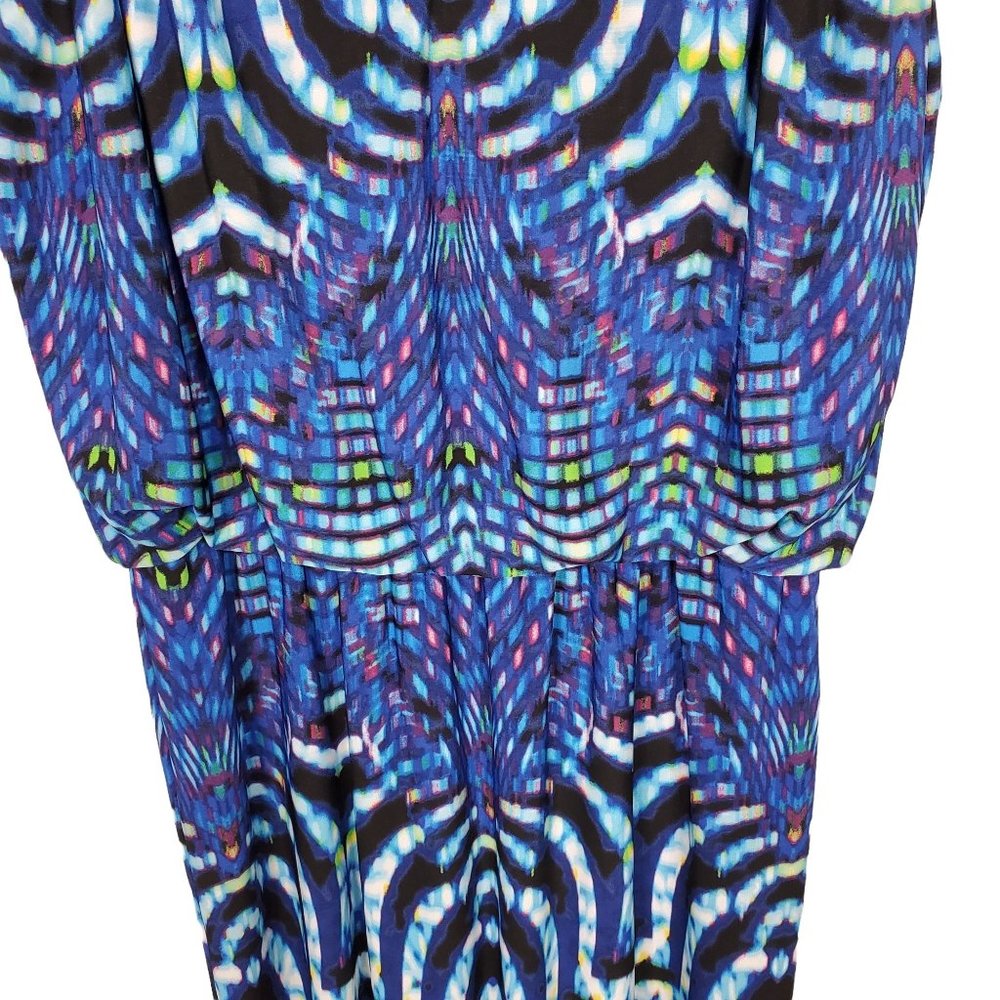 R&K Size L Dress Stained Glass Blouson Sleeveless V-notch Stretch Lined Blue - Picture 5 of 7